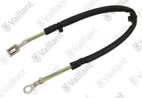 Vaillant Erdungskabel mit zwei Anschlüssen, einer flachen Steckverbindung und einer Ringanschlussöse. Kabel mit Isolierung sichtbar auf der gesamten Länge.